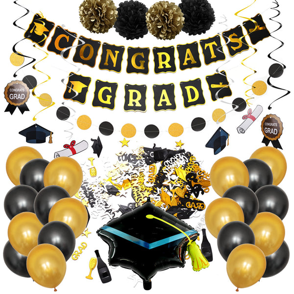 Black Gold Graduation Congratulations Grad You did it College High School Theme Birthday Party Decoration Balloons Banner Cupcake Toppers