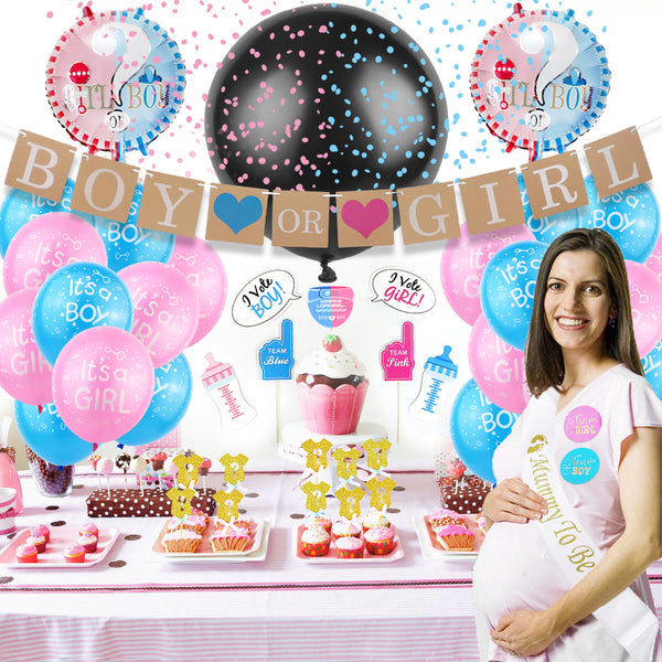 Gender Reveal Bor or Girl Blue or Pink Theme Birthday Party Decoration Balloons Banner Cupcake Toppers