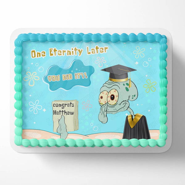 Squidward Tentacles Spongebob Squarepants Congratulations You Did It University College Degree Diploma Blue Edible Image Cake Topper Personalized Birthday Sheet Decoration Custom Party Frosting Transfer Fondant