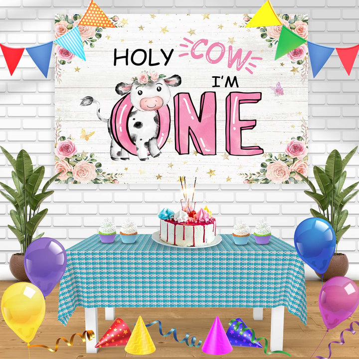 Holy Cow Im One Baby Pink Milk Cow Bn Birthday Banner Personalized Party Backdrop Decoration