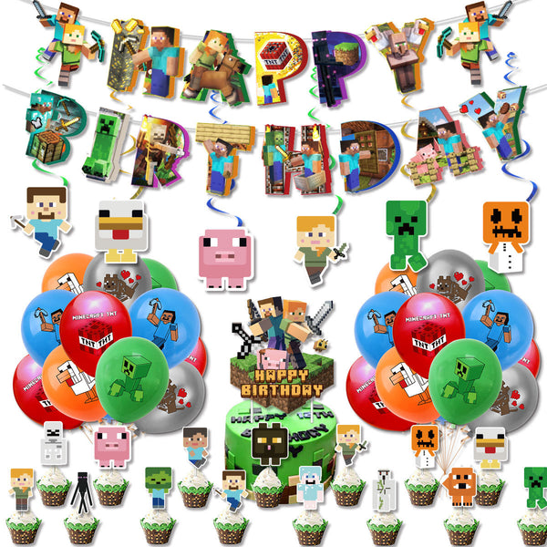 Minecraft Game Theme Birthday Party Decoration Balloons Banner Cake Toppers