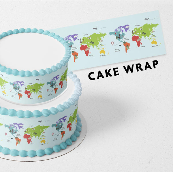 World Map Blue Strips Edible Cake Toppers Cake Wraps