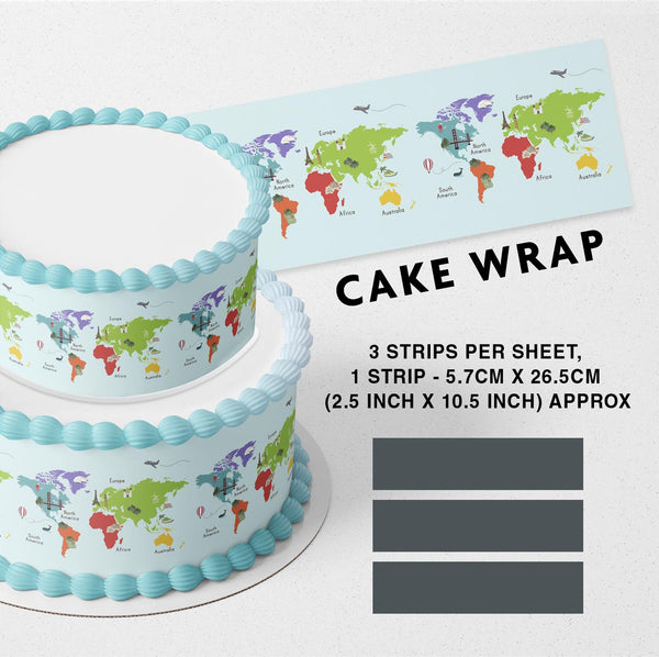 World Map Blue Strips Edible Cake Toppers Cake Wraps