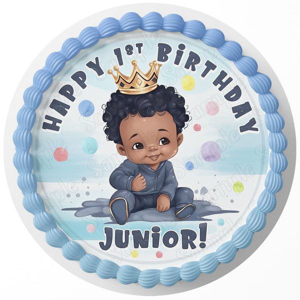 African American Boy Prince King Boss Edible Image Cake Topper Personalized Birthday Sheet Decoration Custom Party Frosting Transfer Fondant Round Circle