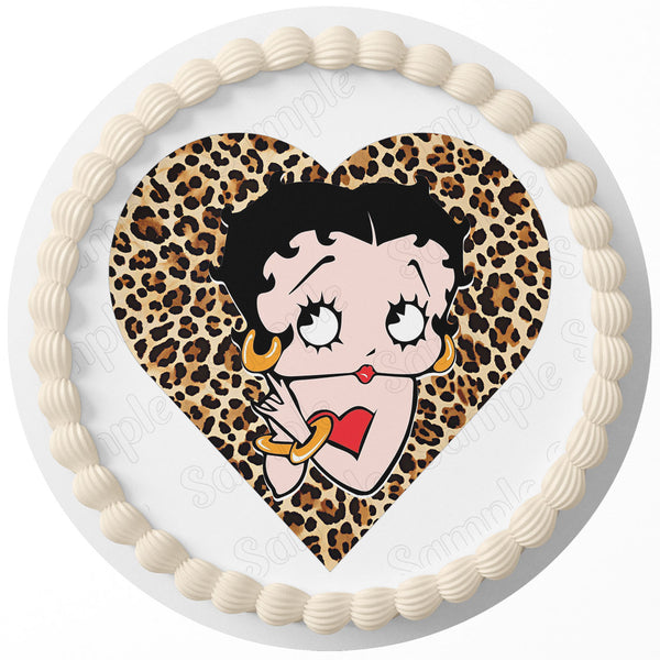 Betty Boop Cheetah Leopard Heart Cute Heart Edible Image Cake Topper Personalized Birthday Sheet Decoration Custom Party Frosting Transfer Fondant