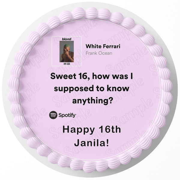 White Ferrari Frank Ocean Sweet 16 how was I supposed to know anything Edible Image Cake Topper Birthday Sheet Custom Round