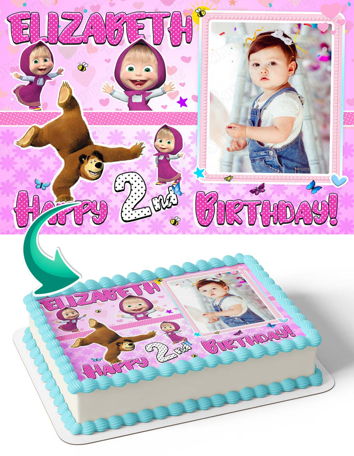 Masha Kids Boys Girls Bear V2 Photo Frame Edible Cake Topper Image