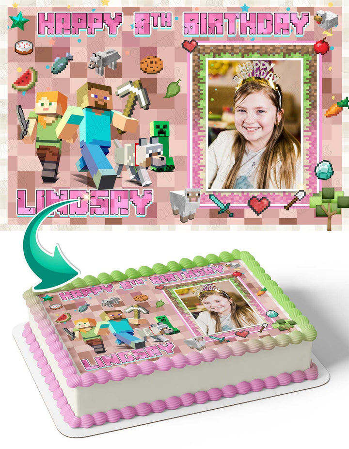 Minekraft Girls Photo Frame Edible Cake Topper Image