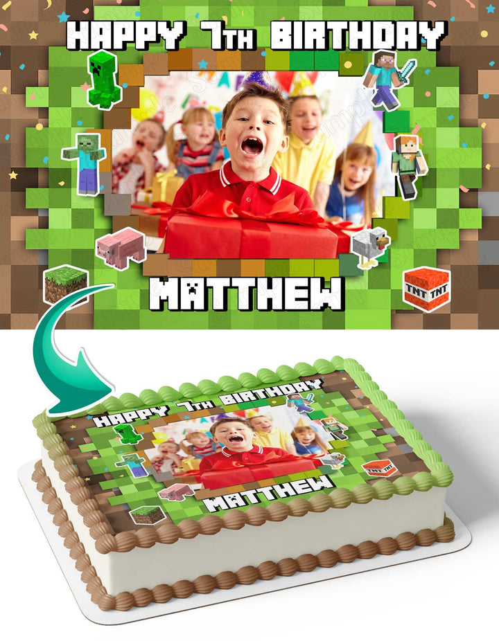 Minekraft Pixel Photo Frame Edible Cake Topper Image