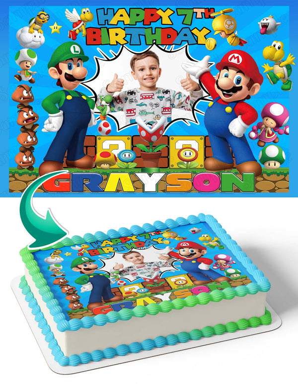 Super Mario Luigi Bros Photo Frame Edible Cake Topper Image