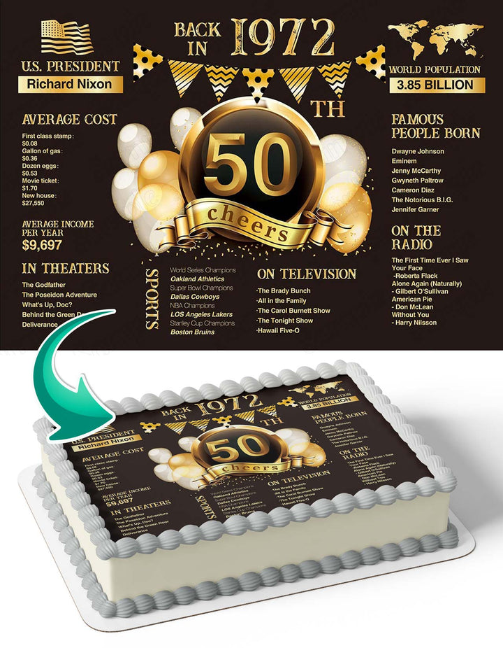50th Black Golden Glitter Shiny 50 Year Old Wedding Anniversary Party50C Edible Cake Toppers