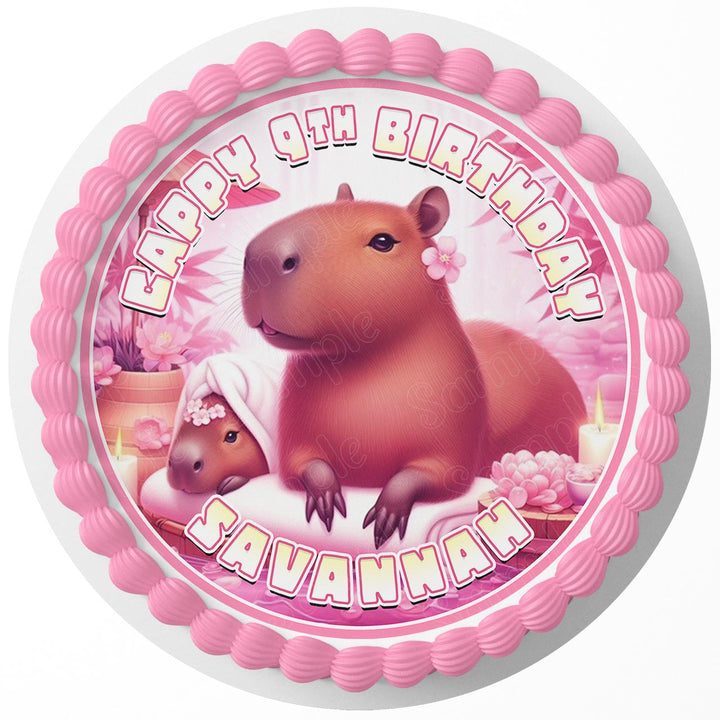 Cappy Birthday Capybara Spa Rd Edible Cake Toppers Round