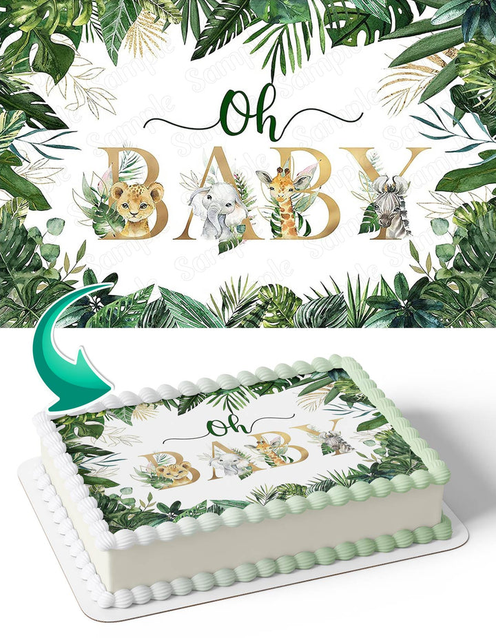 Jungle Animals Oh Baby Gold Green Leaves Edible Cake Toppers