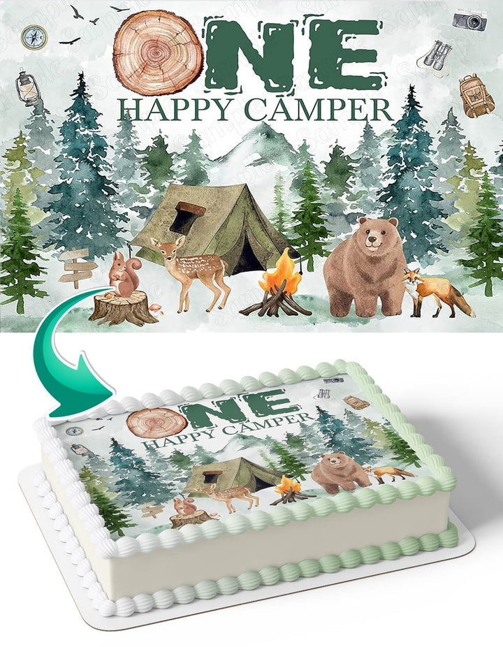 One Happy Camper Camping Adventure Forest Tent Campfire Edible Cake Toppers