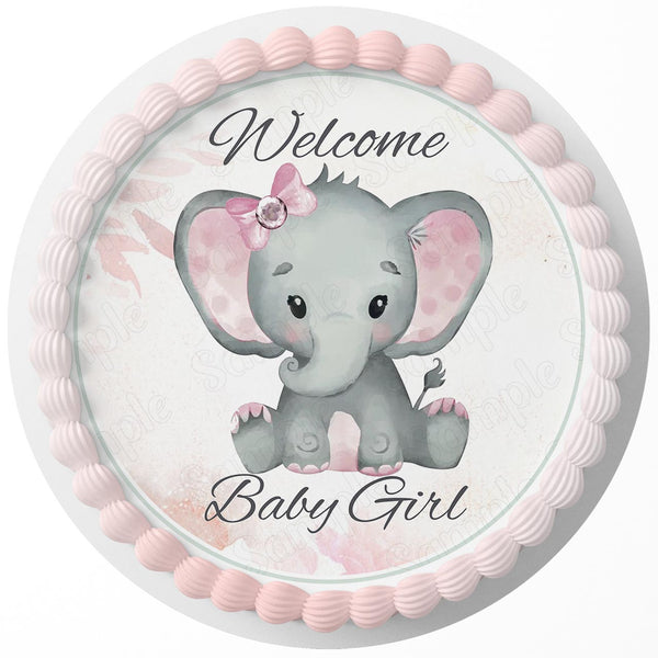 Pink Elephant Welcome Baby Girl Edible Cake Toppers Round