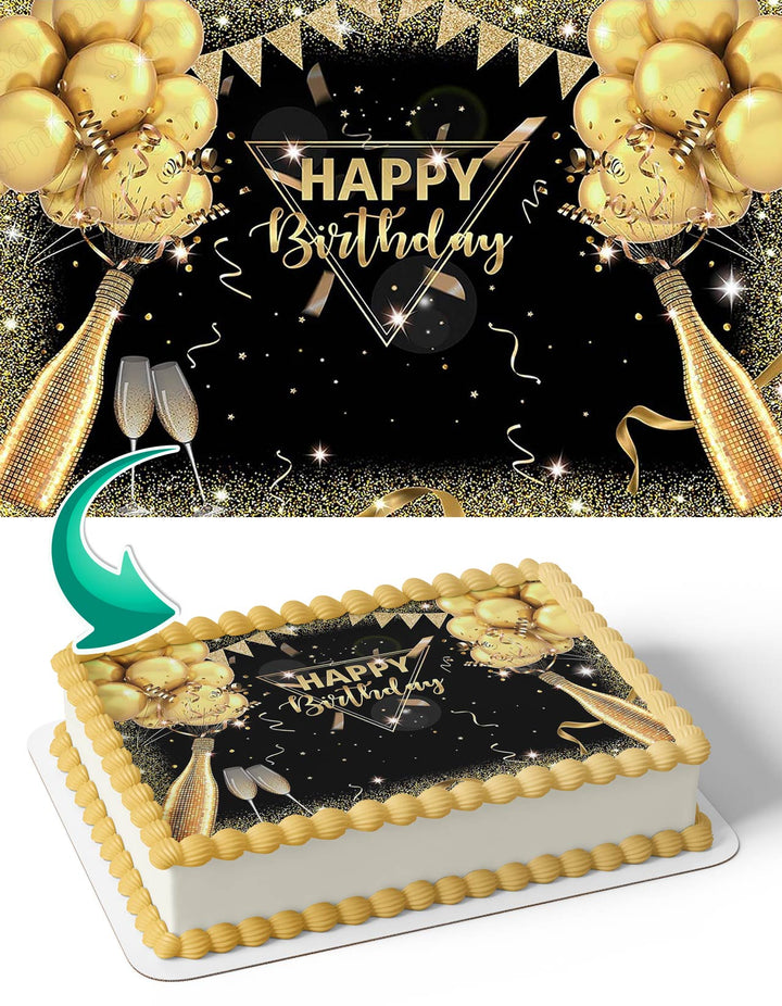  Champagne Happy Birthday Cake Topper Gold Glitter