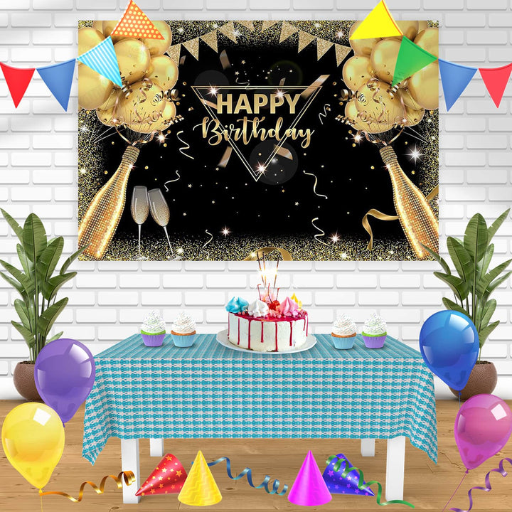 Surprise Balloon Champagne Glitter Black and Gold Bn Birthday Banner Personalized Party Backdrop Decoration