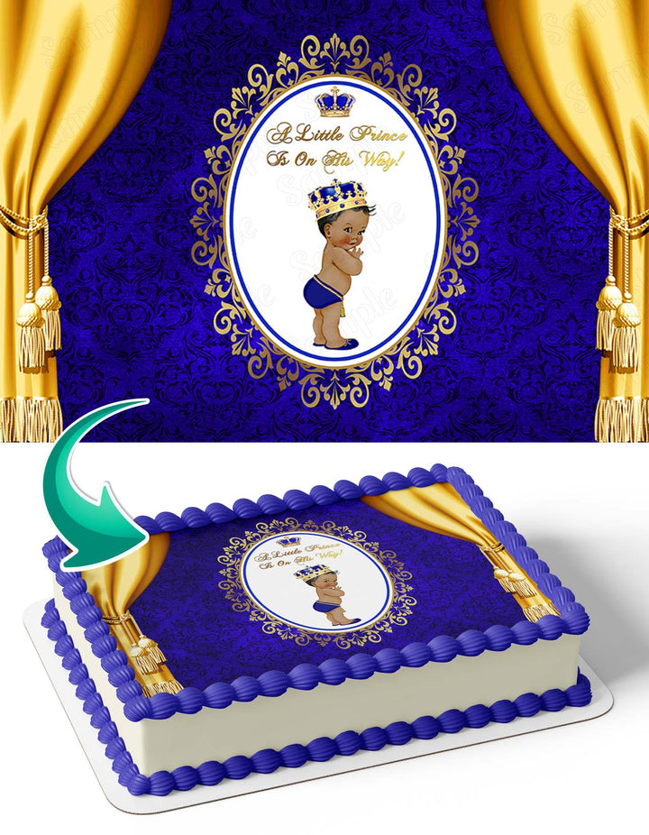 A Little Prince Is On His Way Blue African American Gold LPB Edible Cake Toppers
