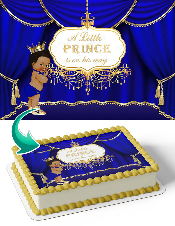 A Little Prince Is On His Way Blue African American Gold LPY Edible Cake Toppers