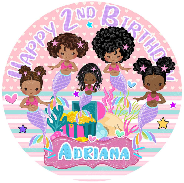 Afro American Mermaid Black Princess RD Edible Cake Toppers Round