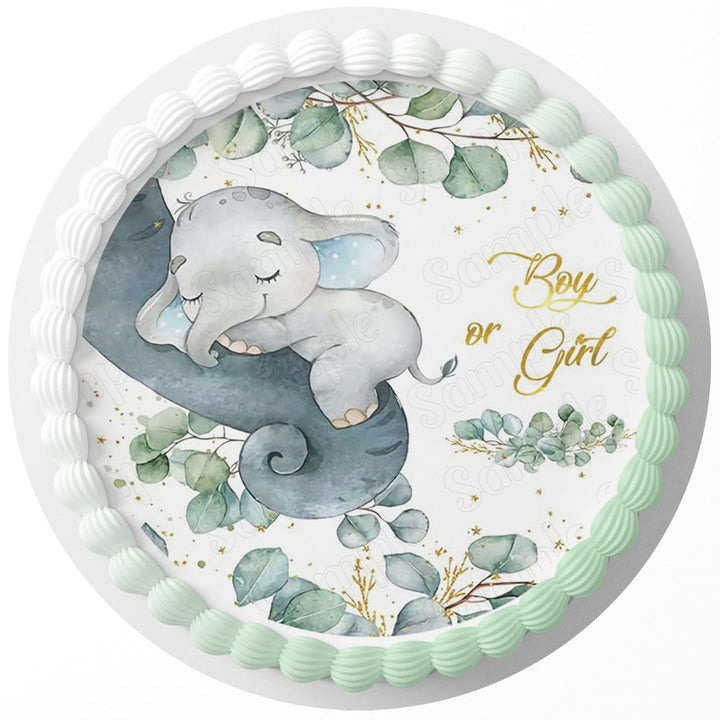 Baby Elephant Boy Or Girl Edible Cake Toppers Round