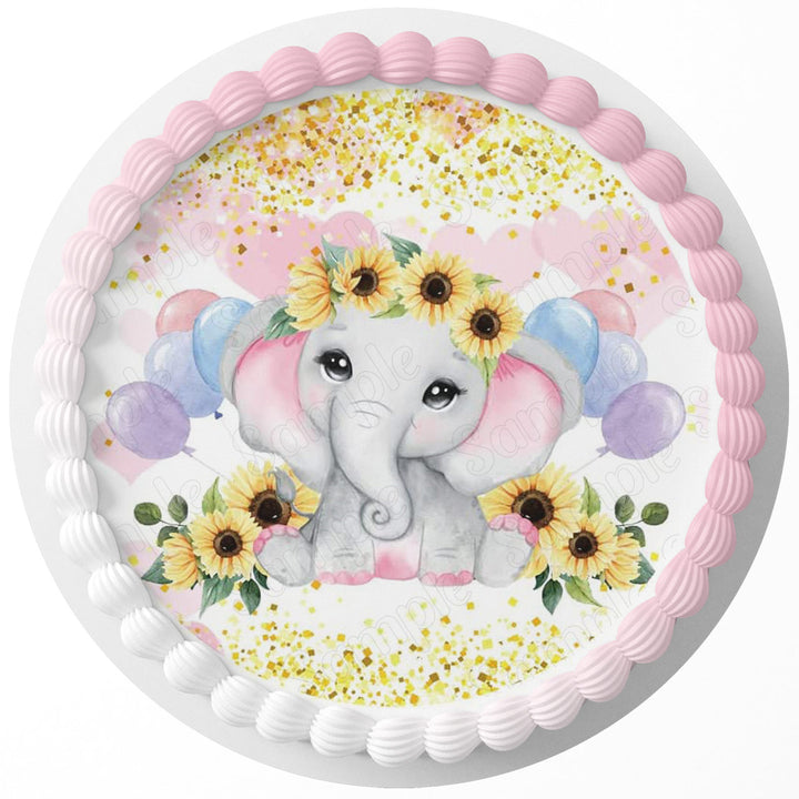 Baby Elephant Girl Pink Edible Cake Toppers Round