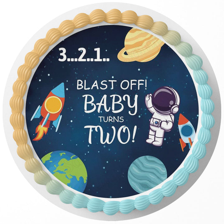 Blast Off Rocket Spaceman Planets Edible Cake Toppers Round