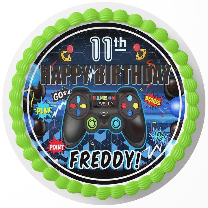 Blue Gamer Edible Cake Toppers Round