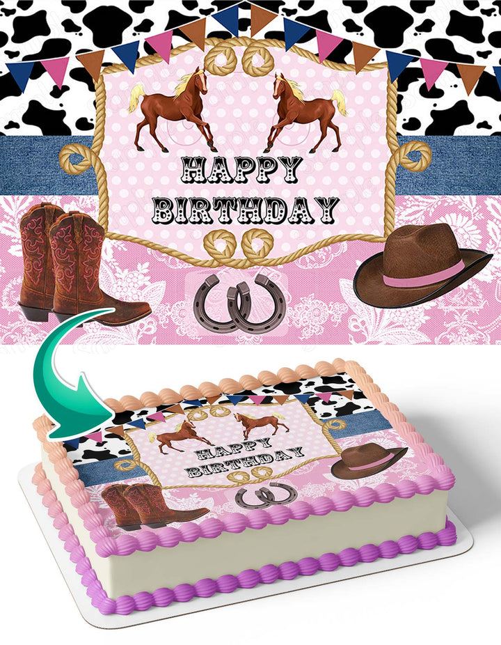 Cowgirl Black and White Pink West Cowgirl Cowboy Hat Riding Boots HorseCGH Edible Cake Toppers