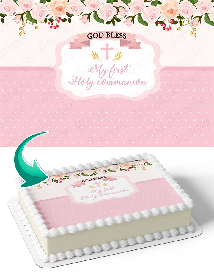 Cross God Bless Pink Flowers First Holy Communion BaptismHCB Edible Cake Toppers