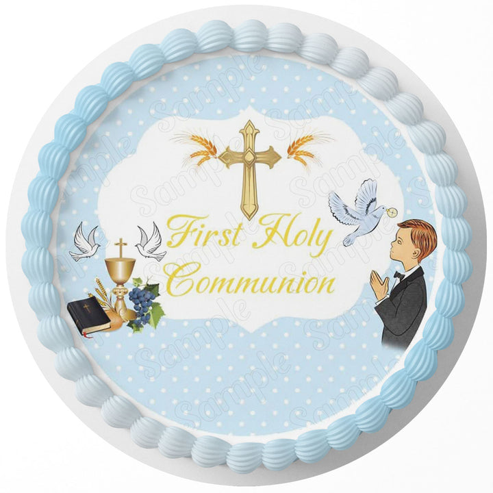 First Holly Communion Boy Edible Cake Toppers Round