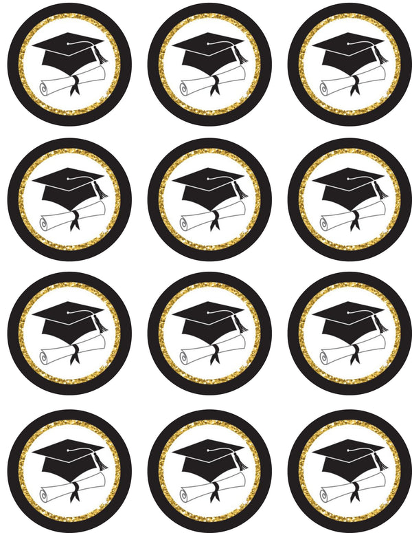 graduation toppers w gold scaled Edible Cupcake Toppers