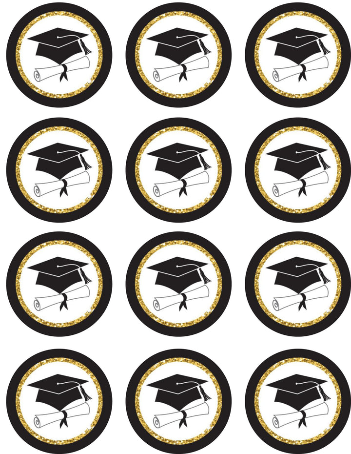 graduation toppers w gold scaled Edible Cupcake Toppers