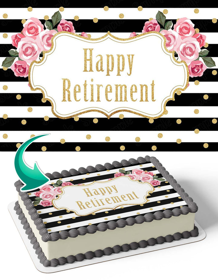 Happy Retirement Rose Flowers Gold Edible Cake Toppers