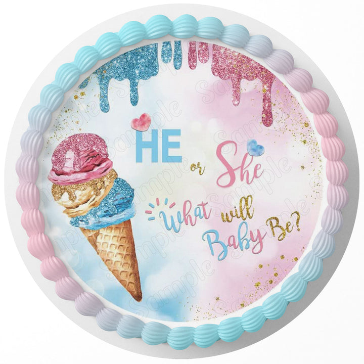 He Or She What Will Baby Be Ice Cream Edible Cake Toppers Round
