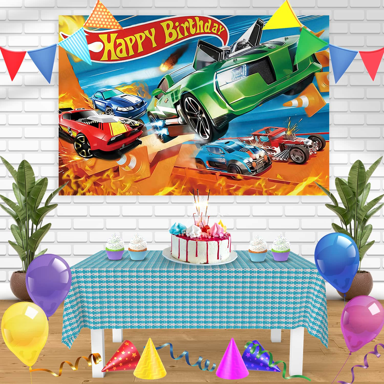 Hot Wheels OB Bn Birthday Banner Personalized Party Backdrop Decoratio ...