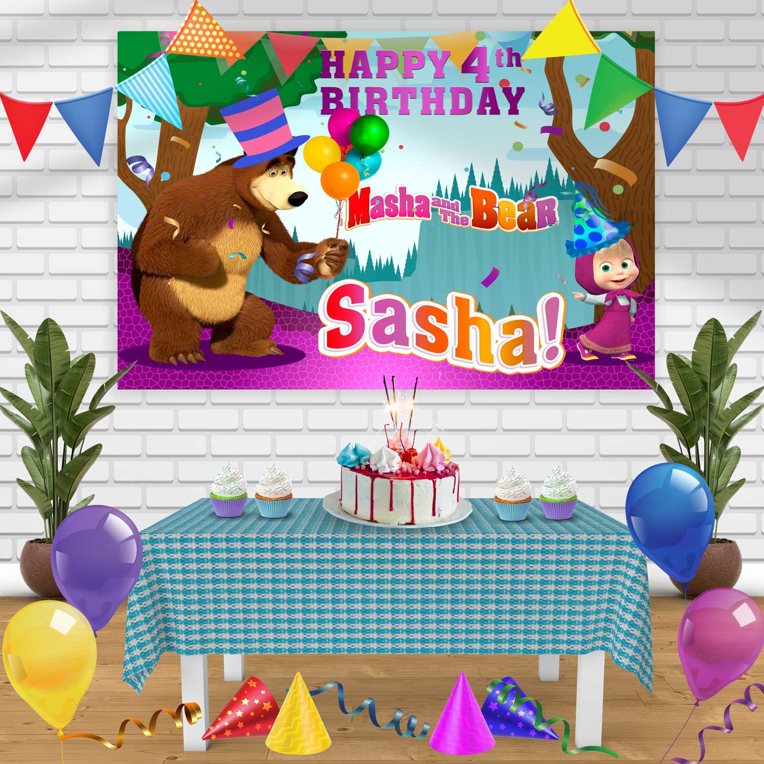 masha and the bear 1 Birthday Banner Personalized Party Backdrop Decor ...