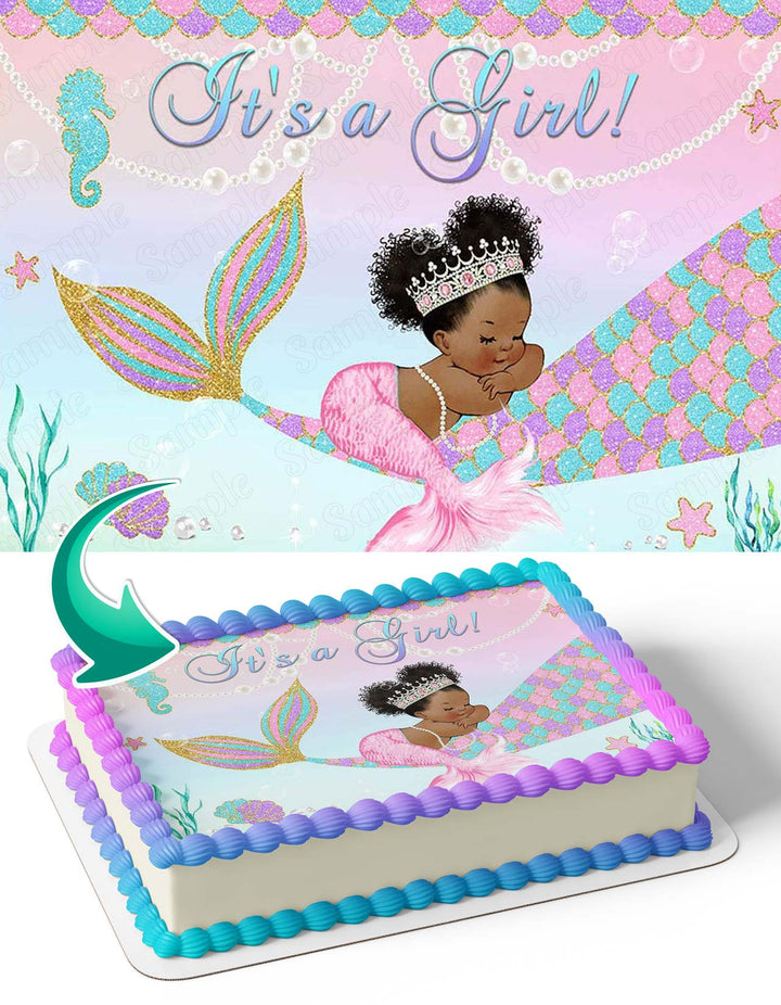 Mermaid Princess Baby Shower Under The Sea Glitter Tail Shell Crown African American MermaidMPB Edible Cake Toppers