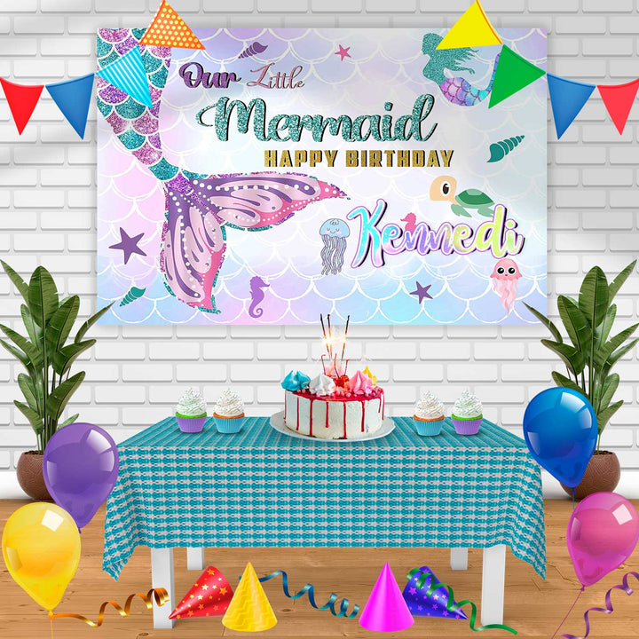 Mermaid Princess Lo Birthday Banner Personalized Party Backdrop Decoration