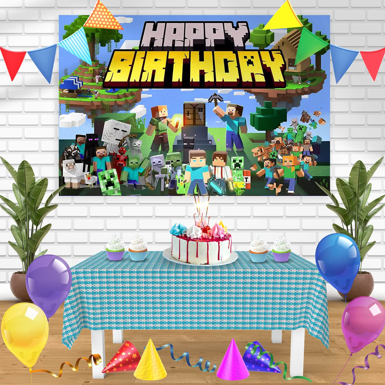 Minecraft Game YB Bn Birthday Banner Personalized Party Backdrop Decor ...