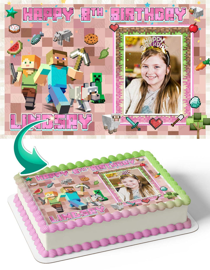 Minecraft Girls Photo Frame Edible Cake Topper Image