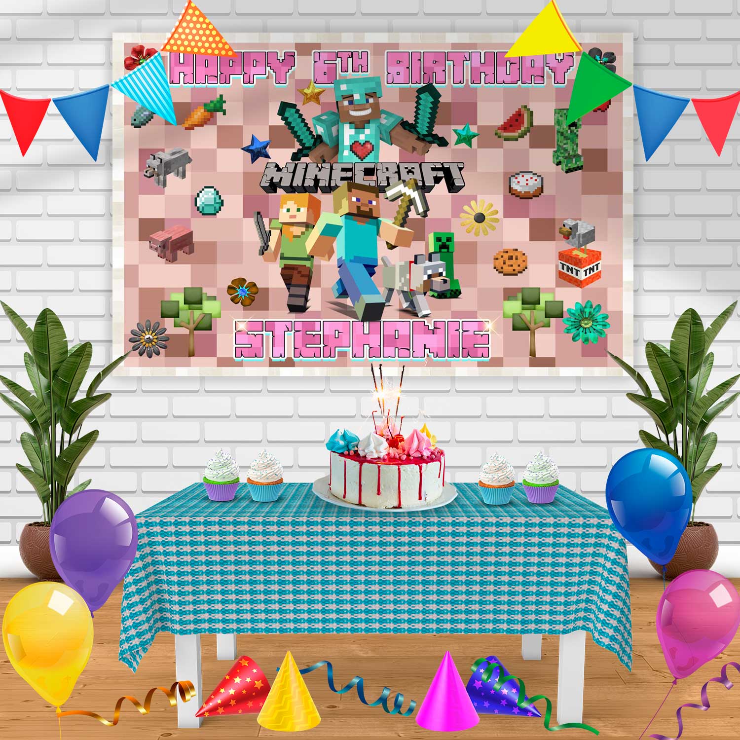 Minecraft Pink Girls Pixel Birthday Banner Personalized Party Backdrop ...