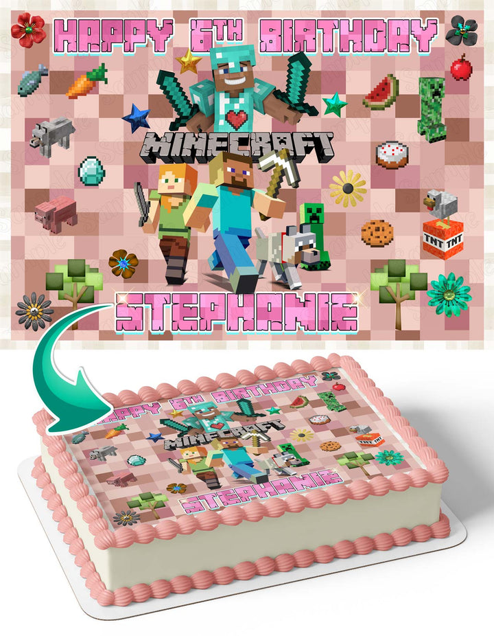 Minecraft Pink Girls Pixel Edible Cake Toppers