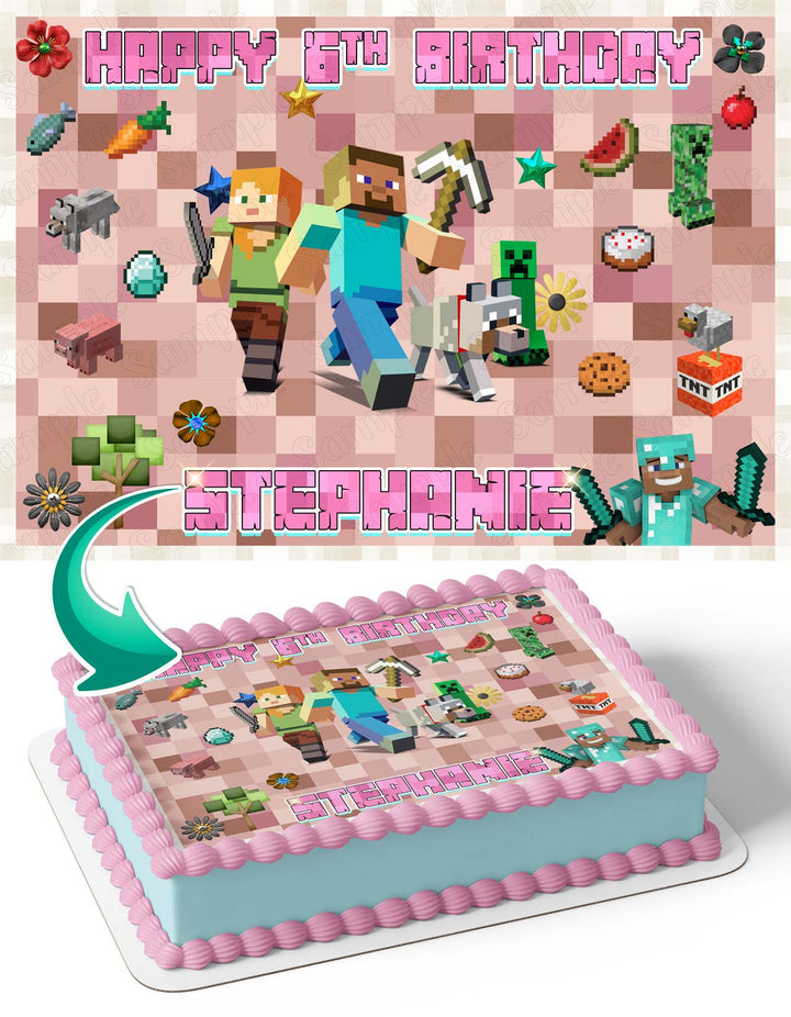 Minecraft Theme Girls Pink Edible Cake Toppers