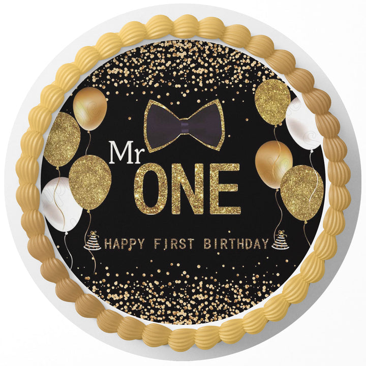 Mr One Gold Balloons Bowtie Edible Cake Toppers Round