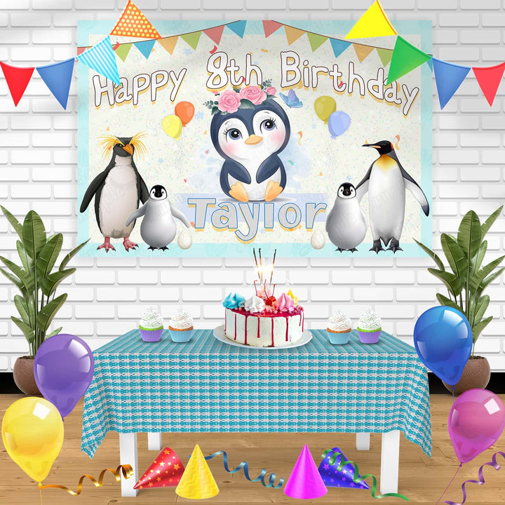 Pinguin Cute Girls Boys Birthday Banner Personalized Party Backdrop Decoration