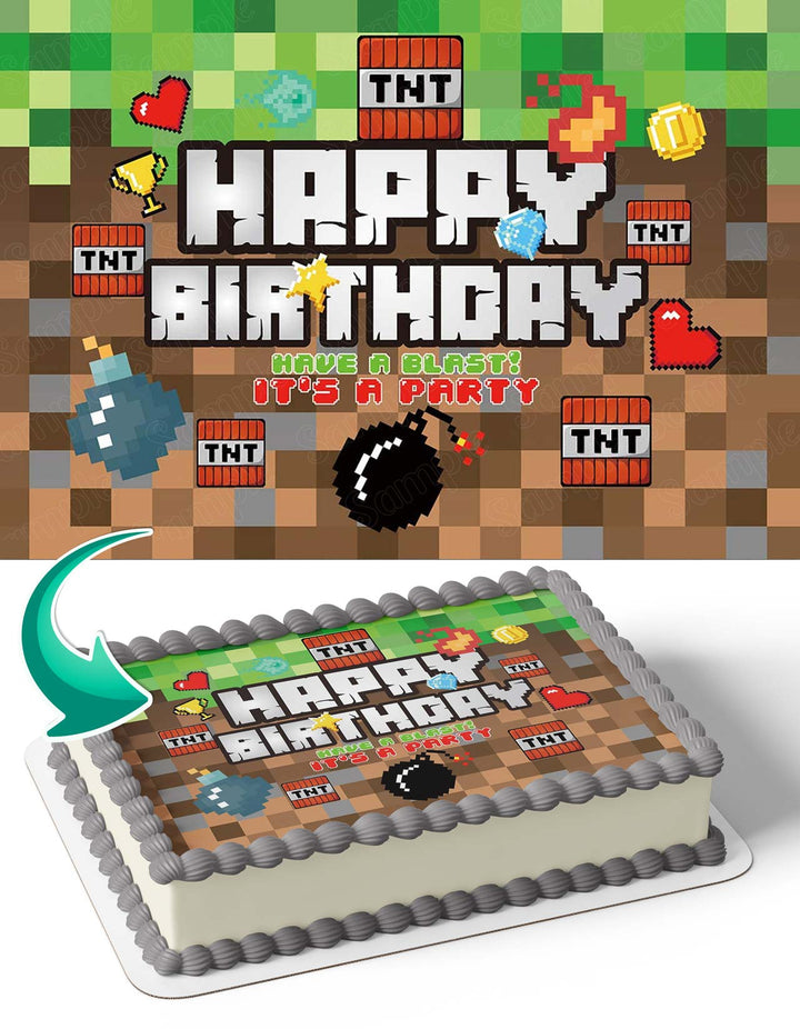 Pixel Minecraft Birthday Party HT Edible Cake Toppers