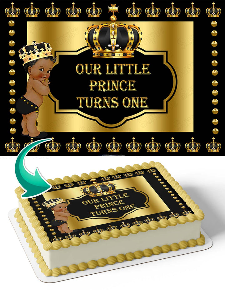 Prince 1st Birthday African American Gold CrownPBB Edible Cake Toppers