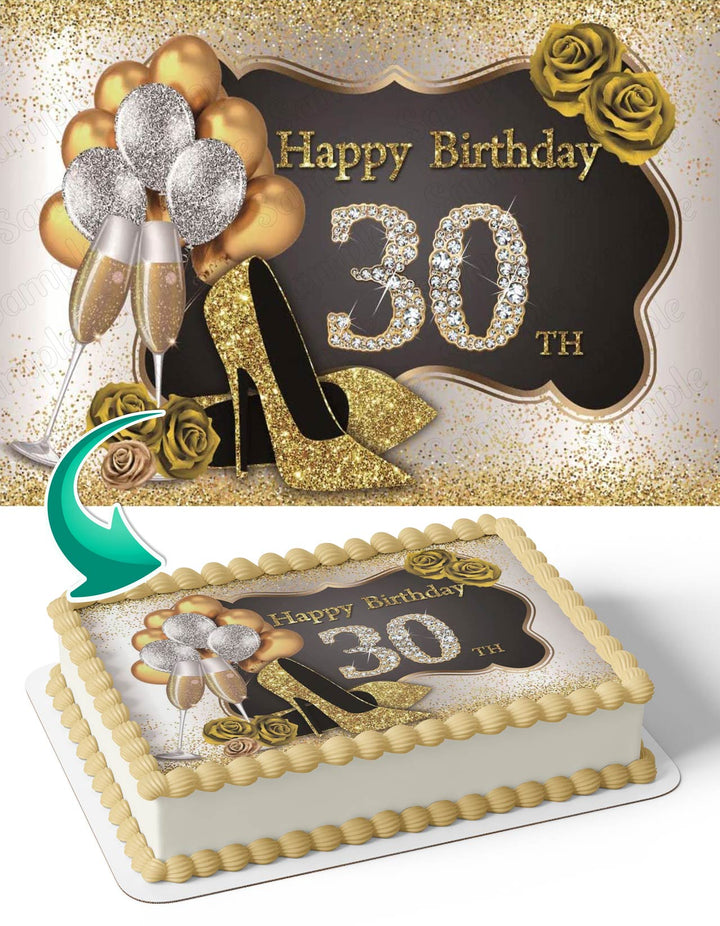 Silver And Gold Champagne Balloons Glitter Shoes 30 Edible Cake Toppers