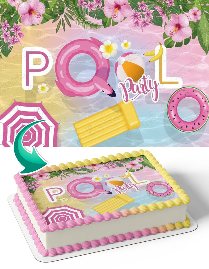 Summer Pool Party Pink Edible Cake Toppers